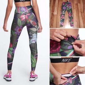 Nike One Icon Clash Floral Print High-Rise Leggings — Green, Purple, Pink Size M